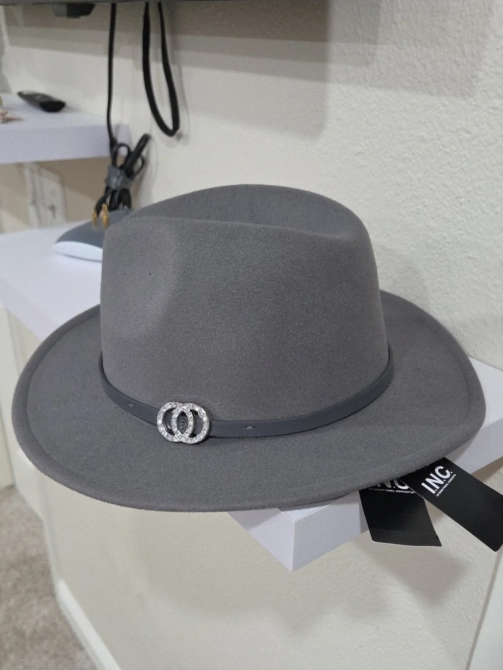 INC International Concepts Gray Felt Fedora with Double-Ring Accent